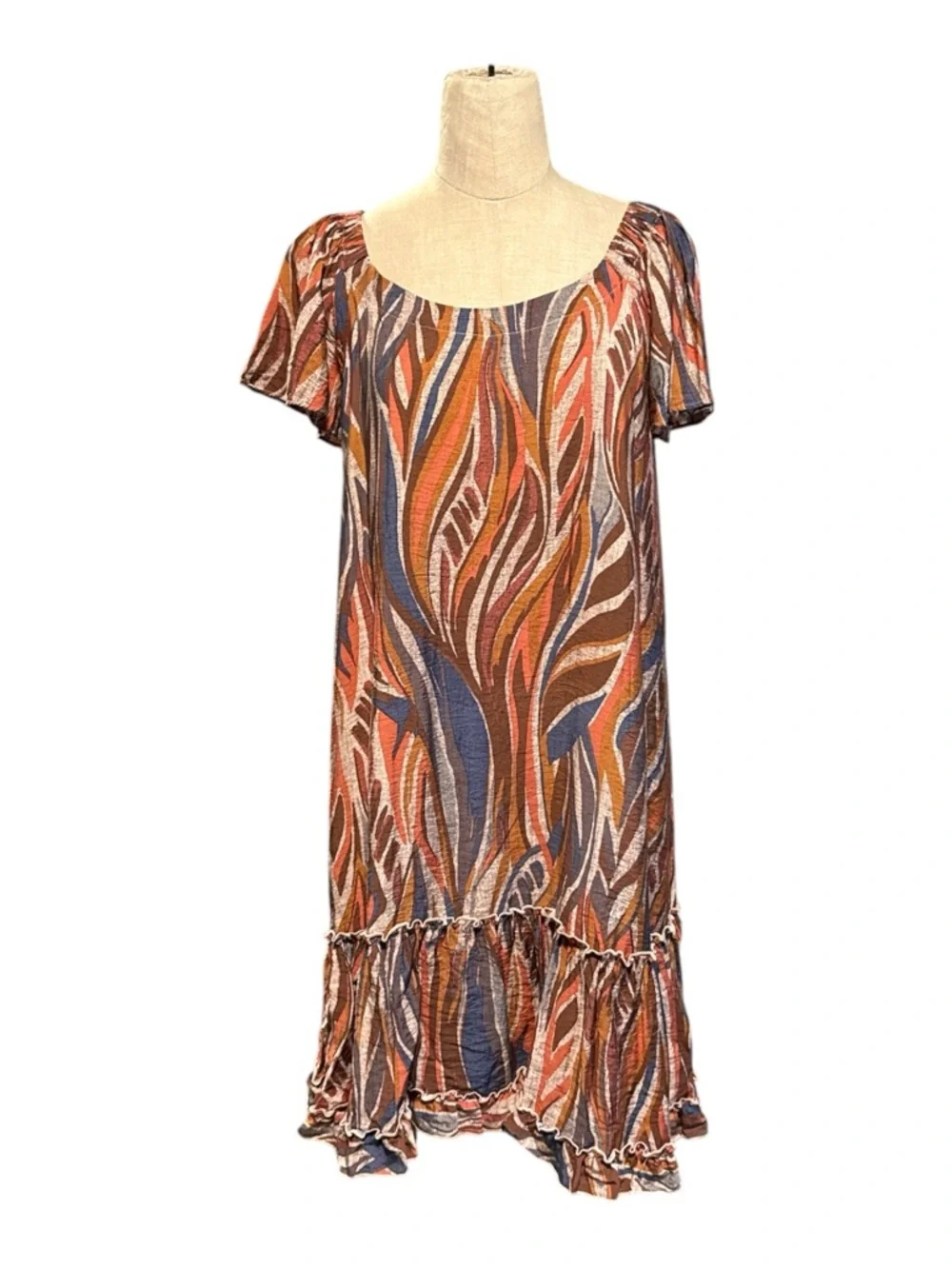 Robbie Bee Boho Mini Dress Earth Tone Abstract Print Ruffle Hem Flowy Size L - Picture 2 of 8